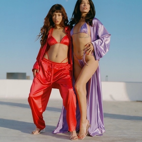 𝅺laina Rauma SET Small LIGHT PURPLE LAVENDER satin Club Bed Top Drawstring pants - Picture 4 of 16